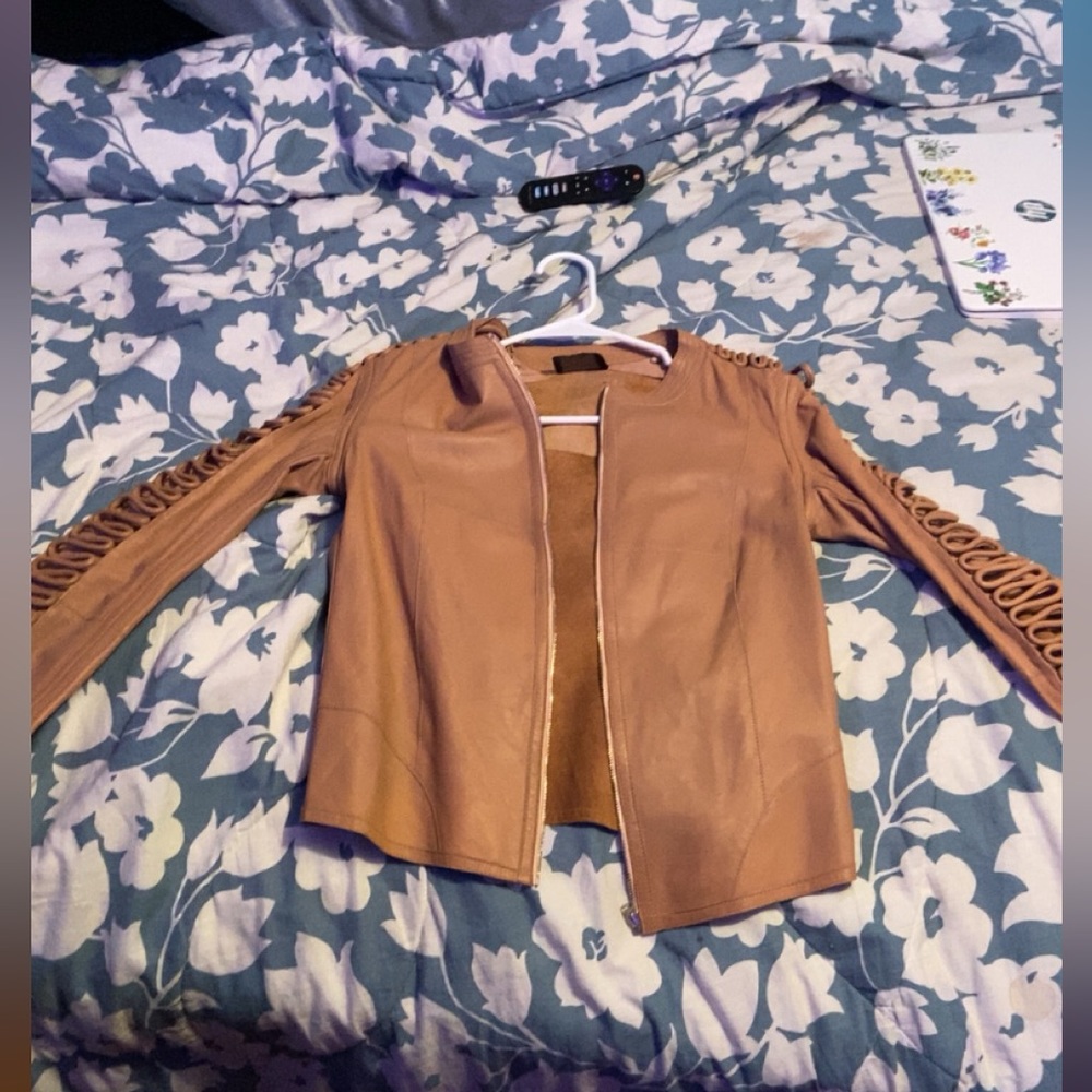 worn two times, real leather and velvet zip up jacket.          color-mauve pink